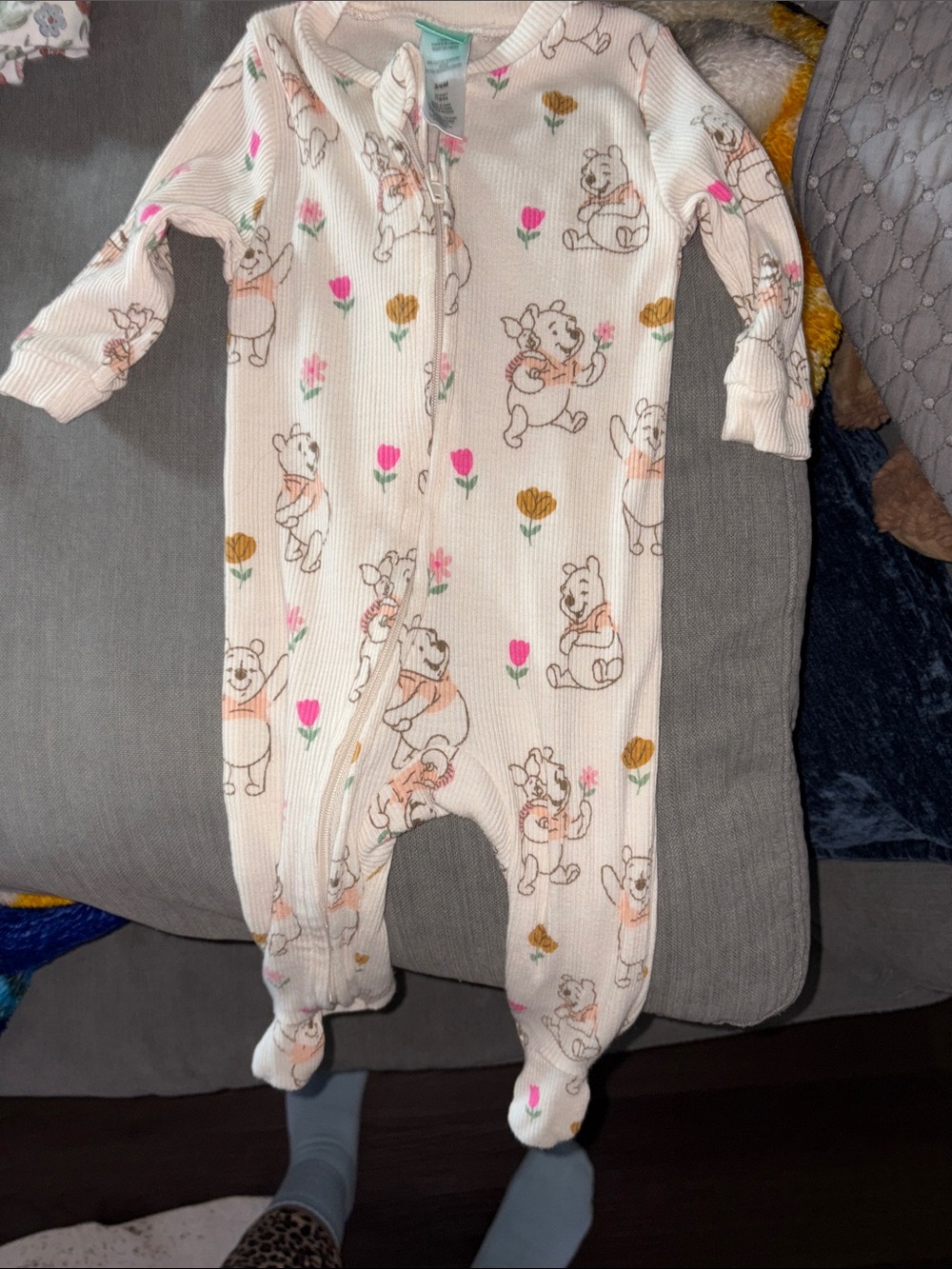 Disney Cream Footed One-Piece with Winnie the Pooh and Floral Print